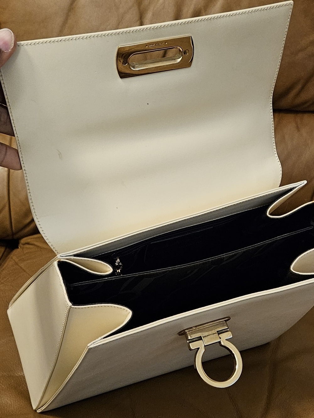 Salvatore Ferragamo Cream Leather Top-Handle Satchel with Gold Hardware - Picture 10 of 16